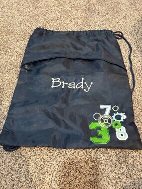 Personalized Navy Drawstring Bag with Green & White Accents